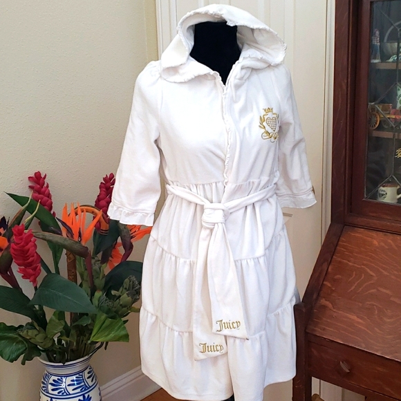 Juicy Couture Other - Juicy Couture small Velour Hooded Bath Robe tiered ruffle gold Embroidered